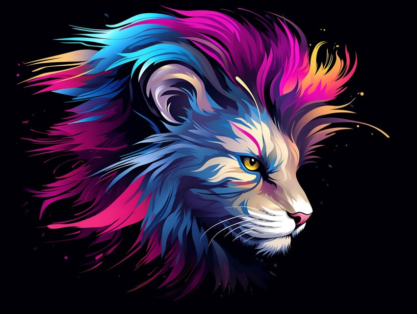 Colorful Cat Face Head Vivid Colors Pop Art Vector Illustrations Black Background (749)