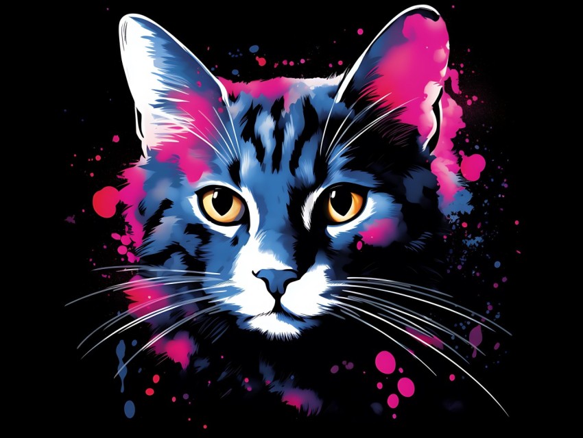 Colorful Cat Face Head Vivid Colors Pop Art Vector Illustrations Black Background (737)