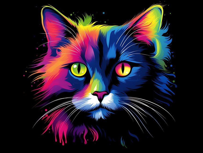 Colorful Cat Face Head Vivid Colors Pop Art Vector Illustrations Black Background (748)