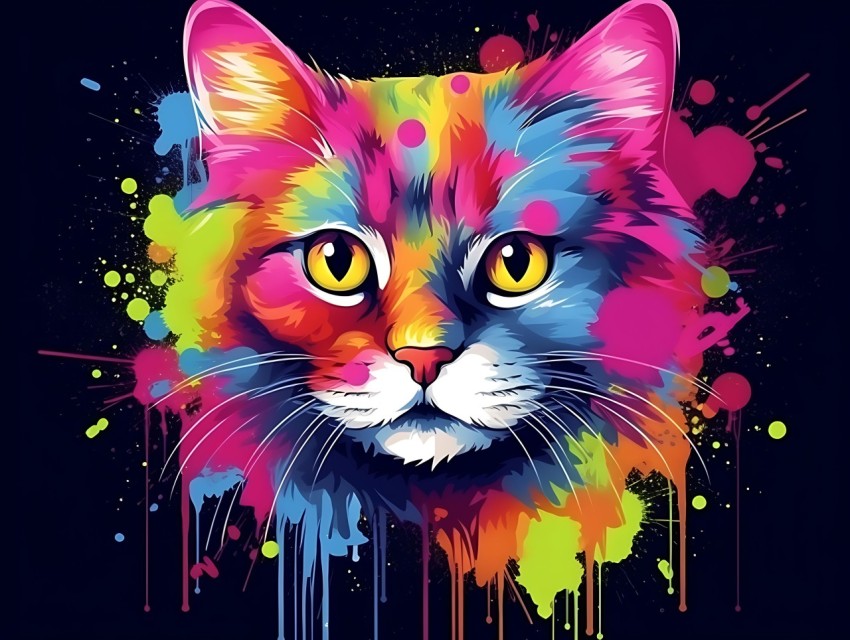 Colorful Cat Face Head Vivid Colors Pop Art Vector Illustrations Black Background (707)