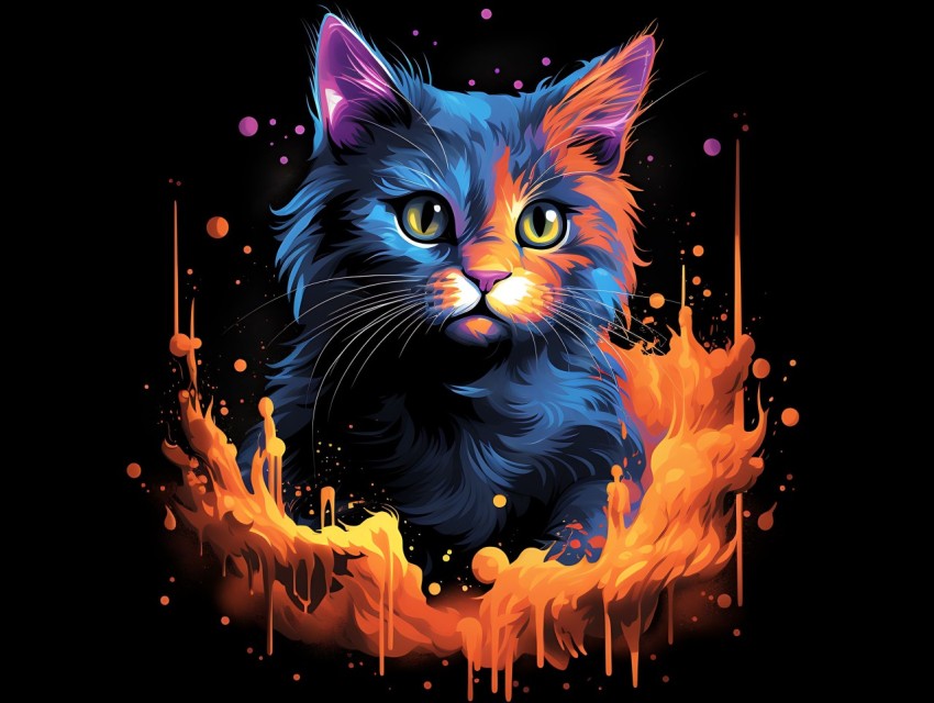 Colorful Cat Face Head Vivid Colors Pop Art Vector Illustrations Black Background (725)