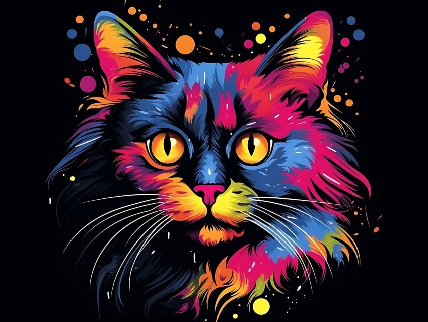 Colorful Cat Face Head Vivid Colors Pop Art Vector Illustrations Black Background (710)