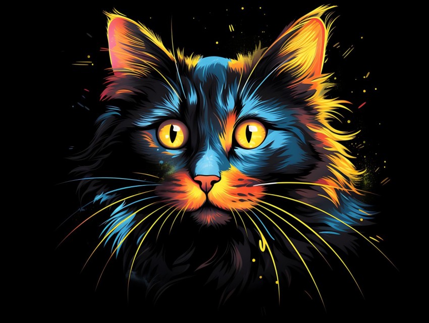 Colorful Cat Face Head Vivid Colors Pop Art Vector Illustrations Black Background (743)
