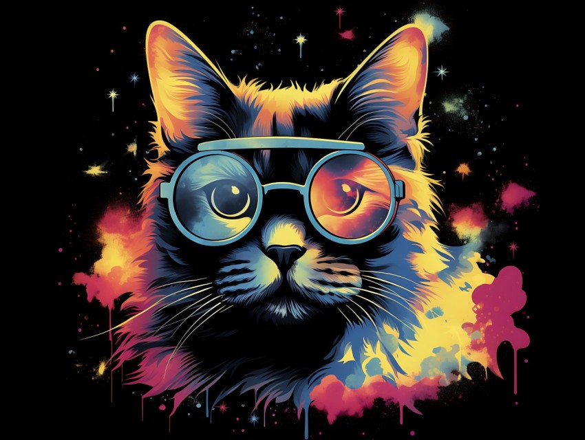 Colorful Cat Face Head Vivid Colors Pop Art Vector Illustrations Black Background (728)