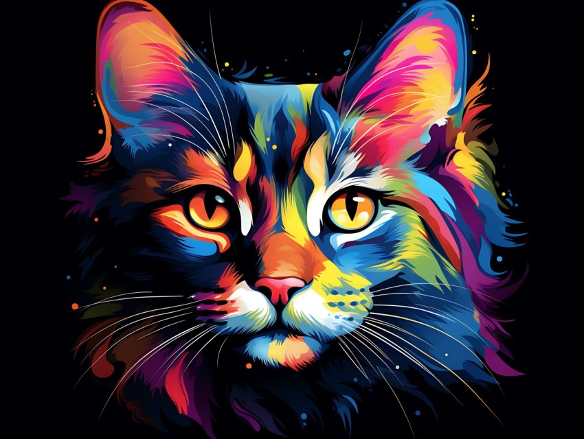 Colorful Cat Face Head Vivid Colors Pop Art Vector Illustrations Black Background (717)