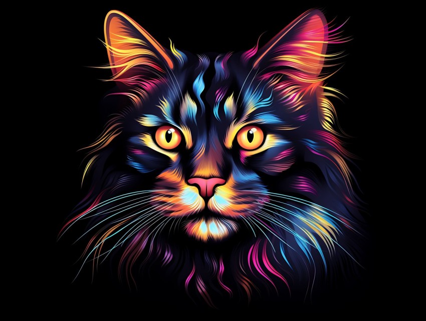 Colorful Cat Face Head Vivid Colors Pop Art Vector Illustrations Black Background (715)
