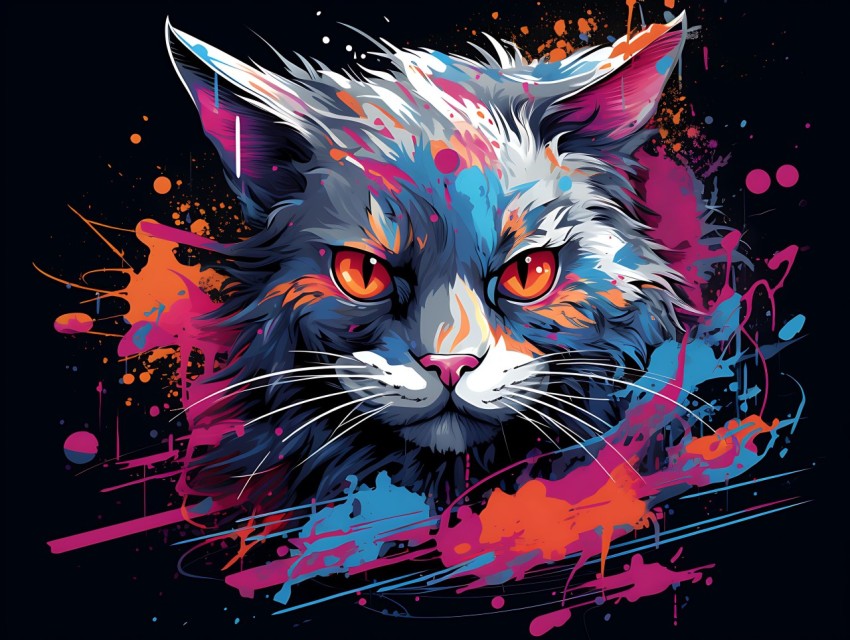 Colorful Cat Face Head Vivid Colors Pop Art Vector Illustrations Black Background (706)