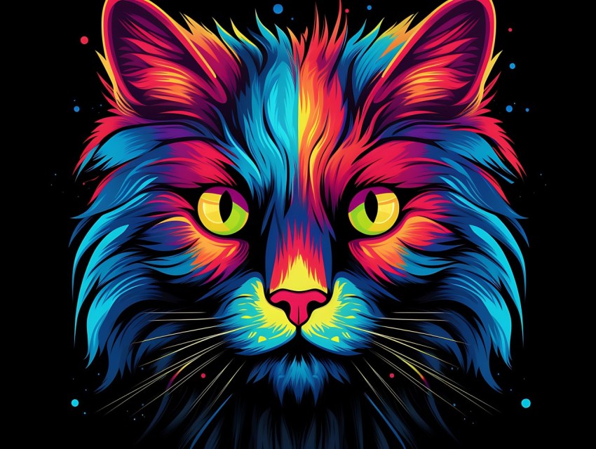 Colorful Cat Face Head Vivid Colors Pop Art Vector Illustrations Black Background (732)