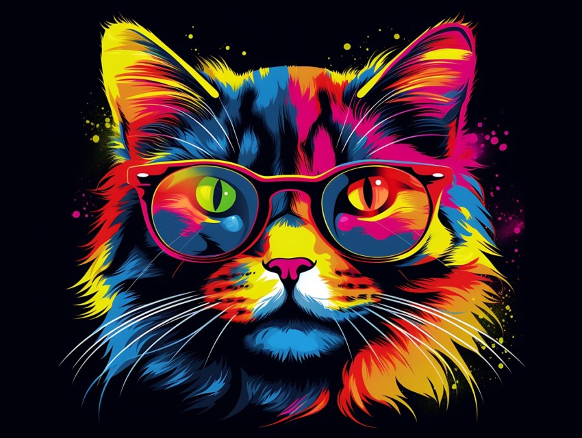 Colorful Cat Face Head Vivid Colors Pop Art Vector Illustrations Black Background (711)