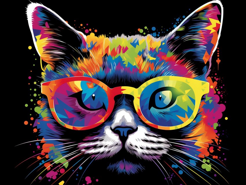 Colorful Cat Face Head Vivid Colors Pop Art Vector Illustrations Black Background (724)