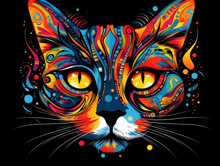 Colorful Cat Face Head Vivid Colors Pop Art Vector Illustrations Black Background (722)
