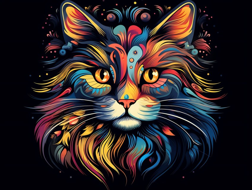 Colorful Cat Face Head Vivid Colors Pop Art Vector Illustrations Black Background (738)