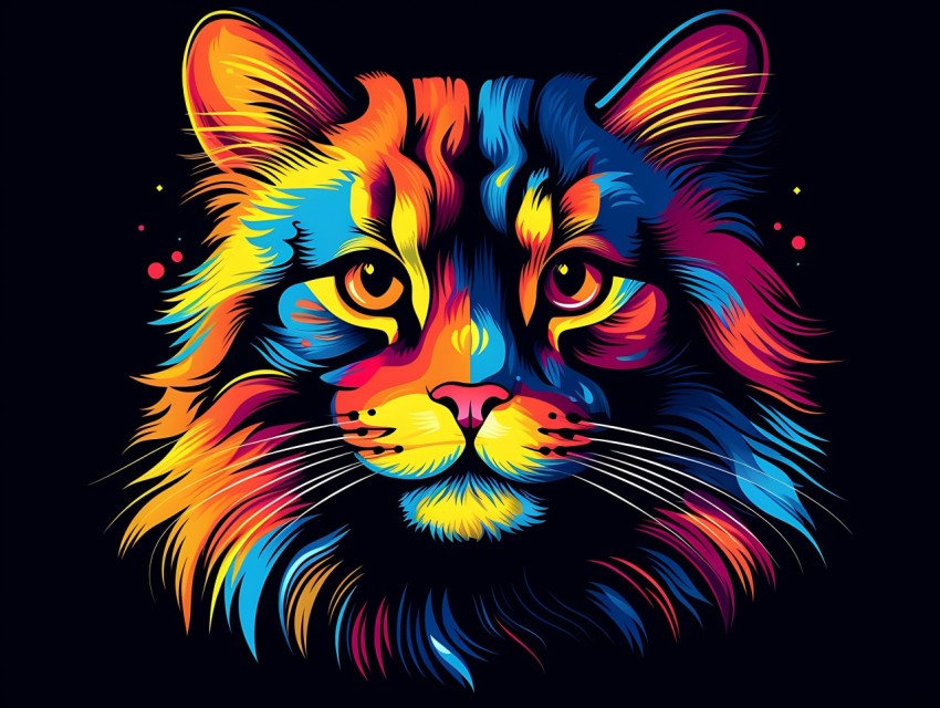 Colorful Cat Face Head Vivid Colors Pop Art Vector Illustrations Black Background (730)