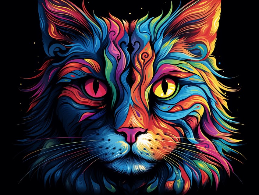 Colorful Cat Face Head Vivid Colors Pop Art Vector Illustrations Black Background (712)