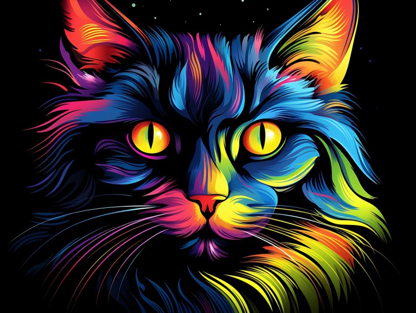 Colorful Cat Face Head Vivid Colors Pop Art Vector Illustrations Black Background (726)