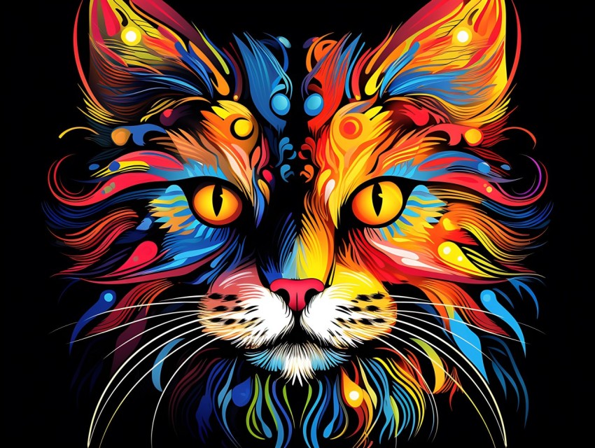 Colorful Cat Face Head Vivid Colors Pop Art Vector Illustrations Black Background (703)