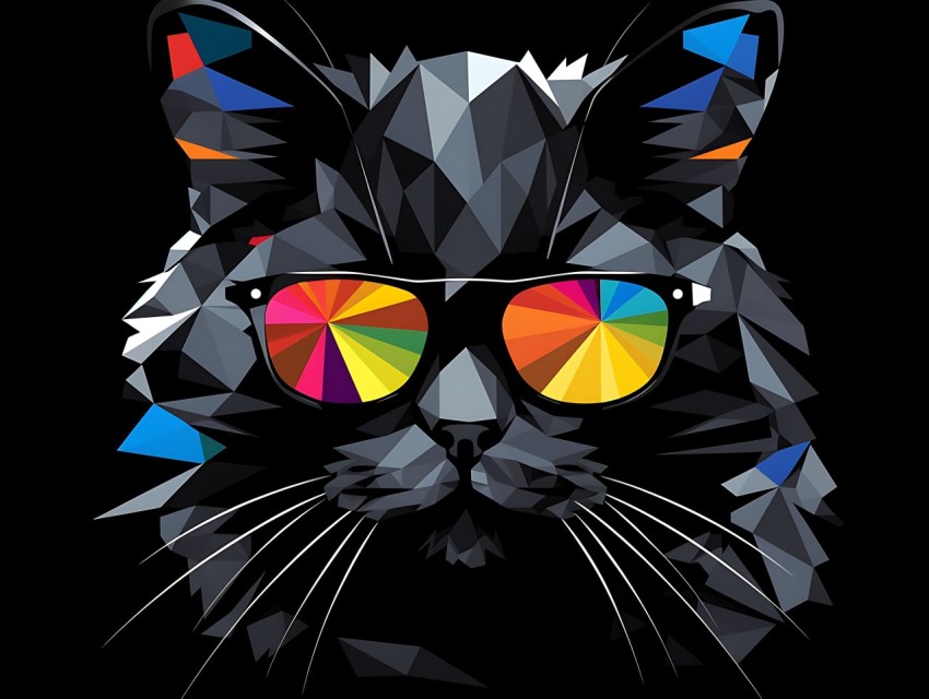 Colorful Cat Face Head Vivid Colors Pop Art Vector Illustrations Black Background (777)