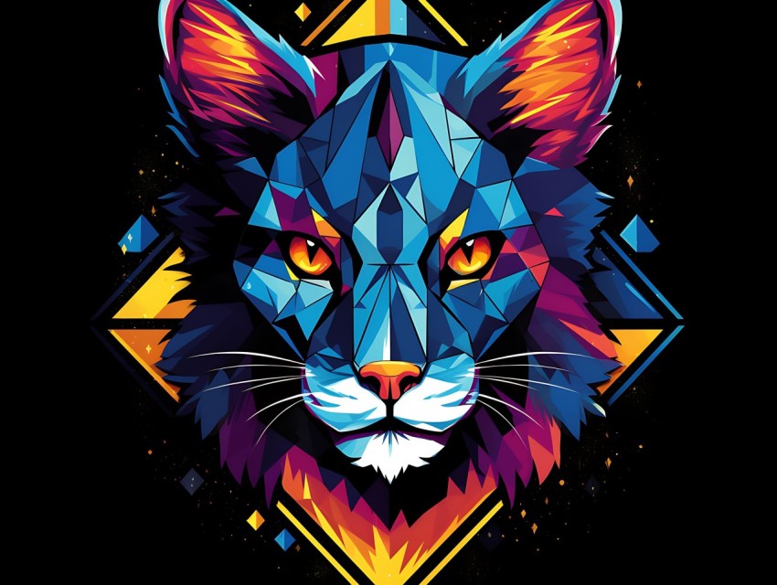 Colorful Cat Face Head Vivid Colors Pop Art Vector Illustrations Black Background (754)