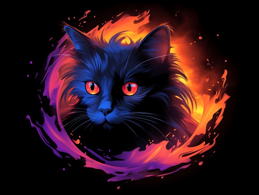 Colorful Cat Face Head Vivid Colors Pop Art Vector Illustrations Black Background (782)