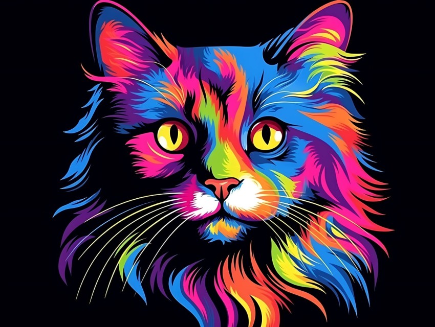 Colorful Cat Face Head Vivid Colors Pop Art Vector Illustrations Black Background (765)