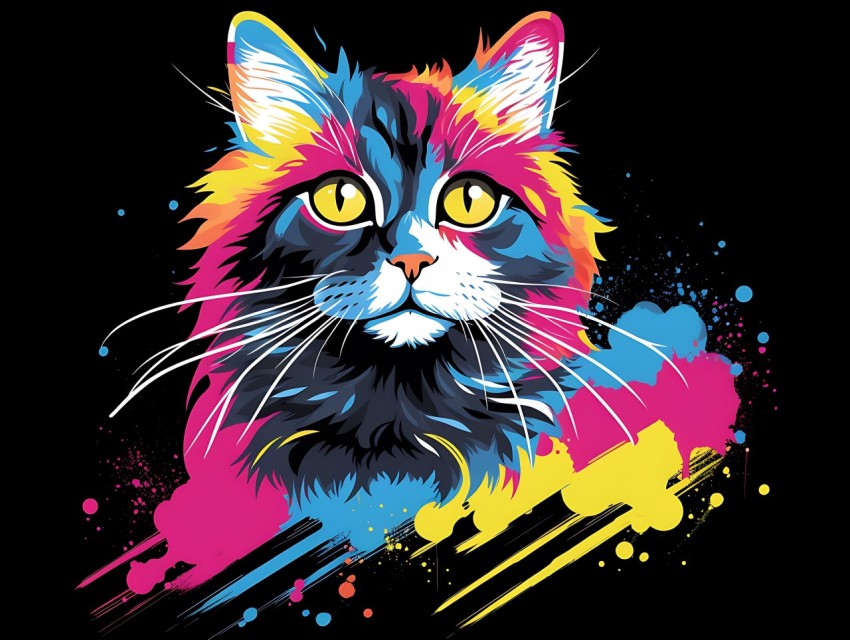 Colorful Cat Face Head Vivid Colors Pop Art Vector Illustrations Black Background (751)