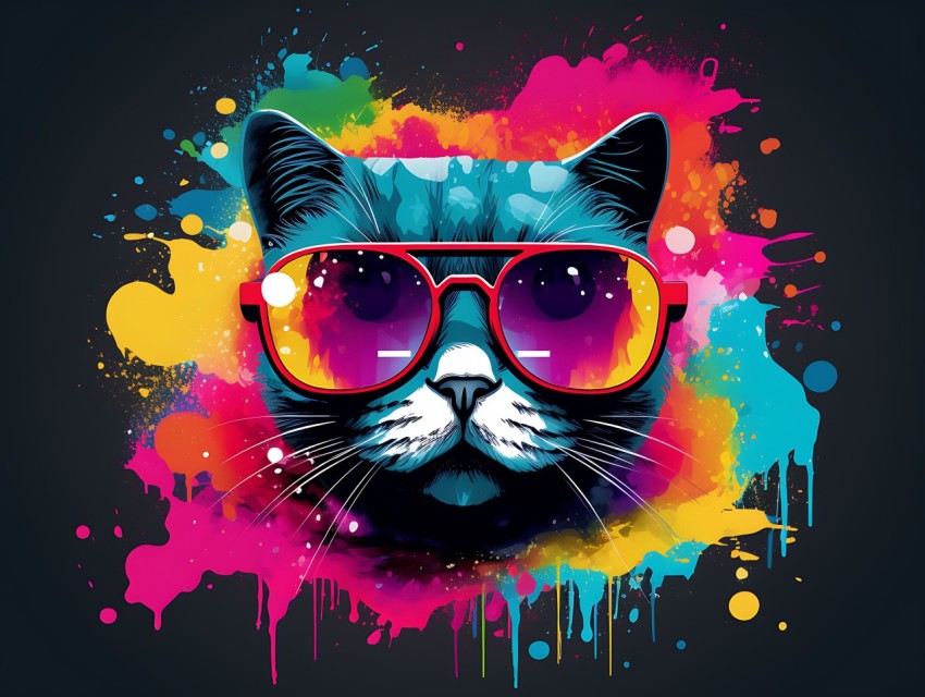 Colorful Cat Face Head Vivid Colors Pop Art Vector Illustrations Black Background (776)