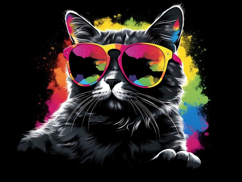 Colorful Cat Face Head Vivid Colors Pop Art Vector Illustrations Black Background (780)