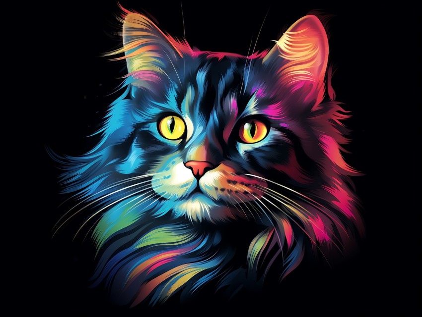Colorful Cat Face Head Vivid Colors Pop Art Vector Illustrations Black Background (798)