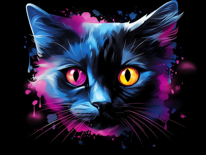 Colorful Cat Face Head Vivid Colors Pop Art Vector Illustrations Black Background (800)