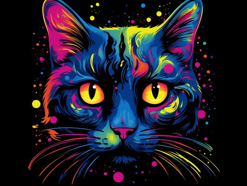 Colorful Cat Face Head Vivid Colors Pop Art Vector Illustrations Black Background (769)