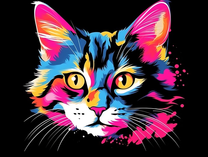 Colorful Cat Face Head Vivid Colors Pop Art Vector Illustrations Black Background (786)