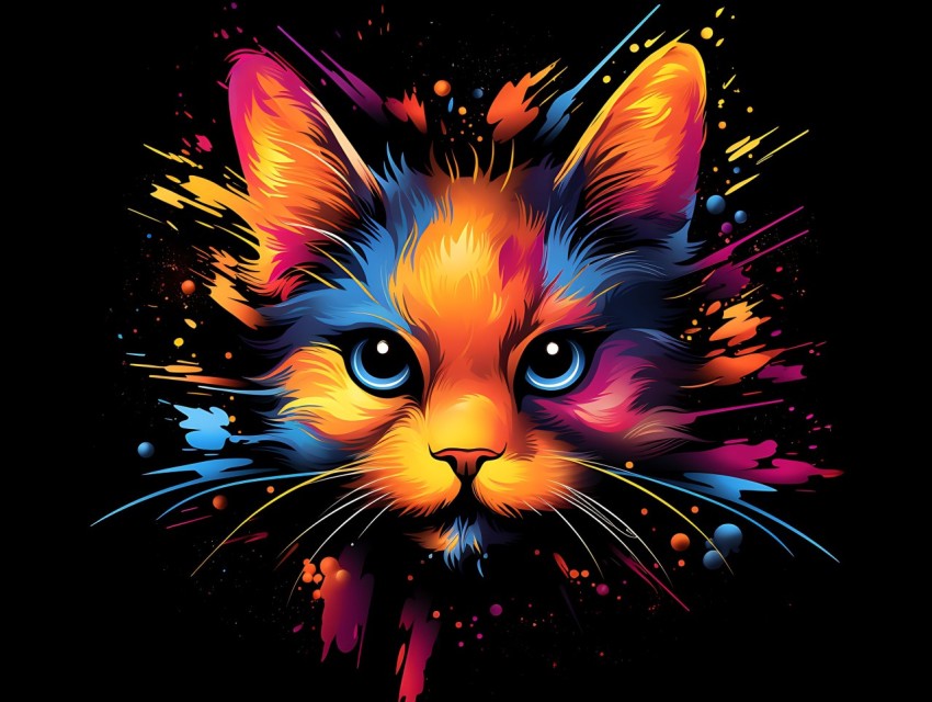Colorful Cat Face Head Vivid Colors Pop Art Vector Illustrations Black Background (793)