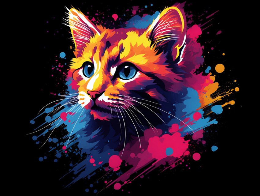 Colorful Cat Face Head Vivid Colors Pop Art Vector Illustrations Black Background (767)