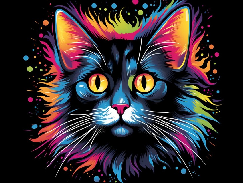 Colorful Cat Face Head Vivid Colors Pop Art Vector Illustrations Black Background (768)