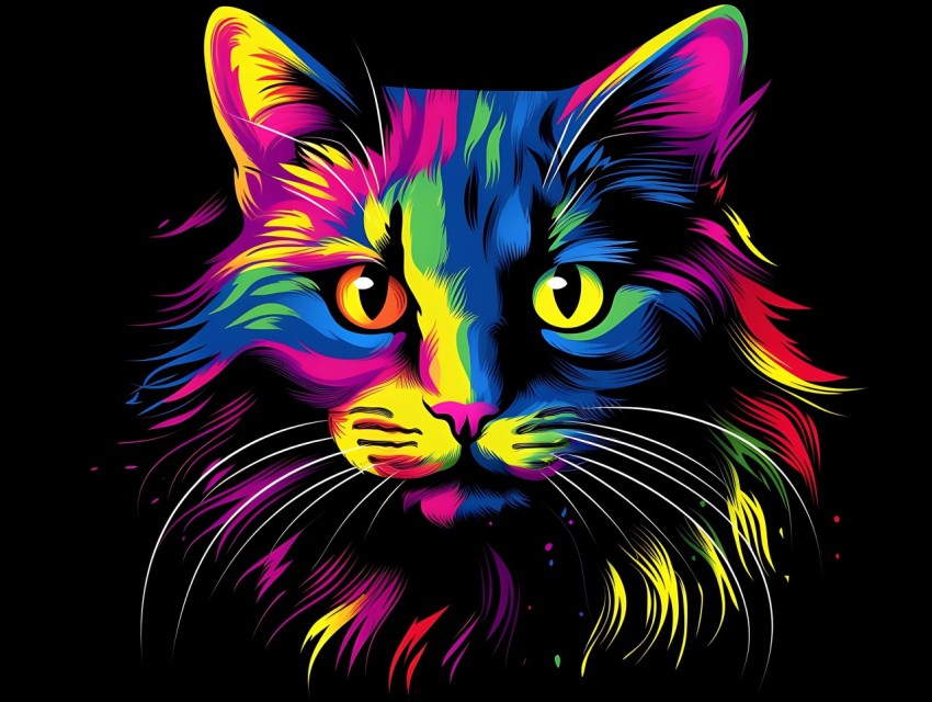 Colorful Cat Face Head Vivid Colors Pop Art Vector Illustrations Black Background (764)