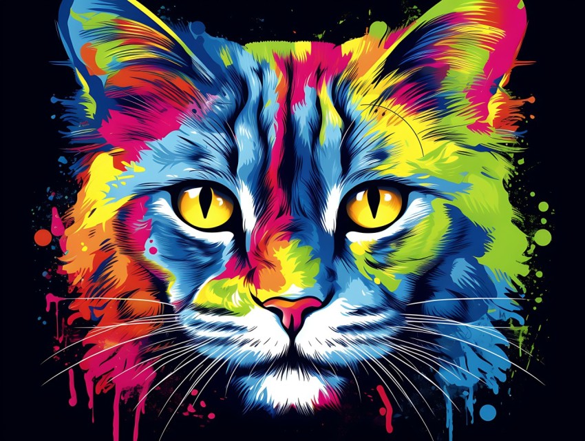 Colorful Cat Face Head Vivid Colors Pop Art Vector Illustrations Black Background (781)