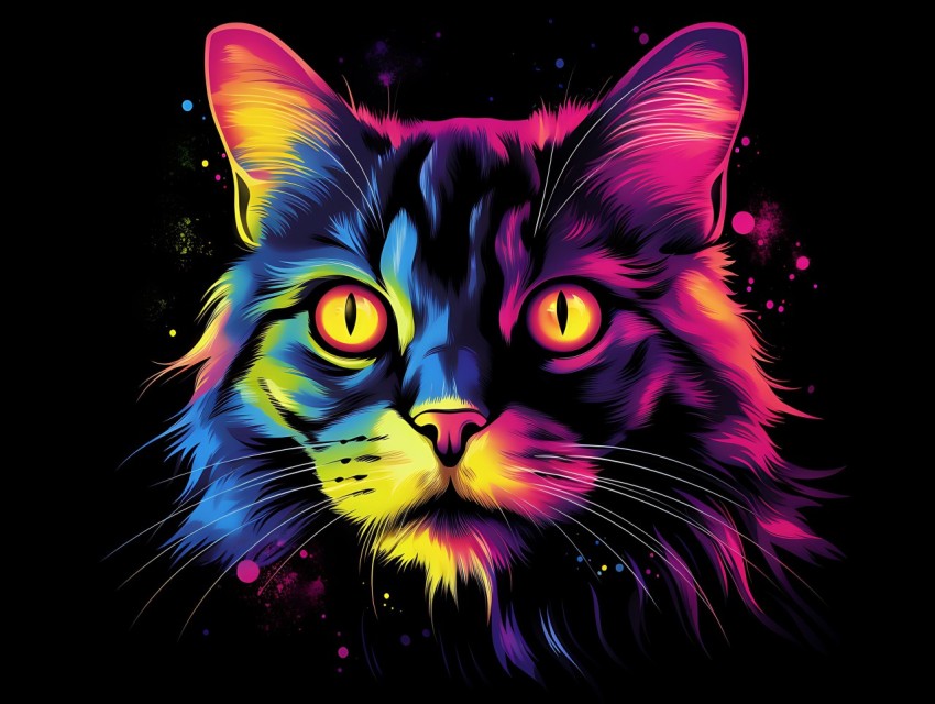 Colorful Cat Face Head Vivid Colors Pop Art Vector Illustrations Black Background (787)