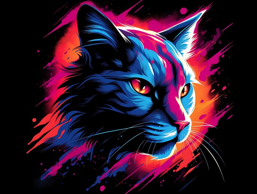 Colorful Cat Face Head Vivid Colors Pop Art Vector Illustrations Black Background (772)