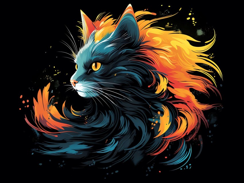 Colorful Cat Face Head Vivid Colors Pop Art Vector Illustrations Black Background (792)