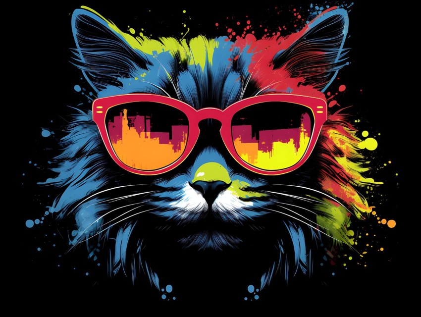Colorful Cat Face Head Vivid Colors Pop Art Vector Illustrations Black Background (770)