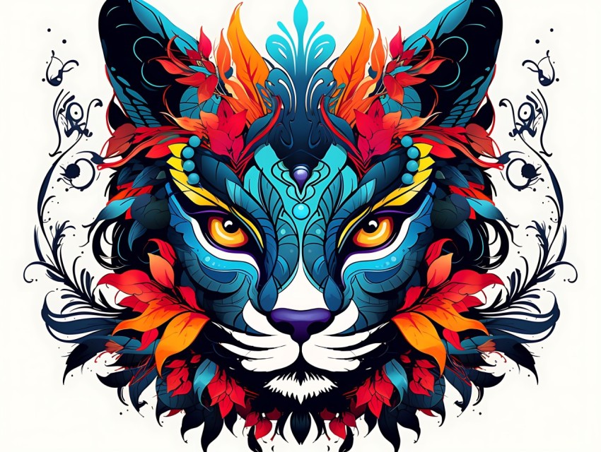 Colorful Cat Face Head Vivid Colors Pop Art Vector Illustrations Black Background (779)