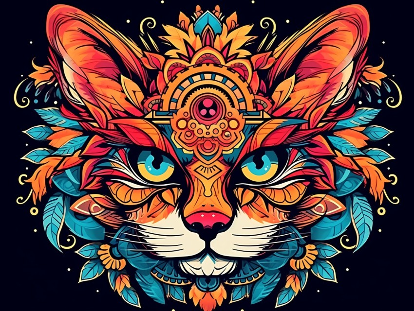 Colorful Cat Face Head Vivid Colors Pop Art Vector Illustrations Black Background (783)