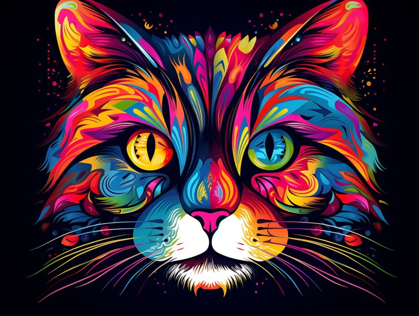 Colorful Cat Face Head Vivid Colors Pop Art Vector Illustrations Black Background (752)