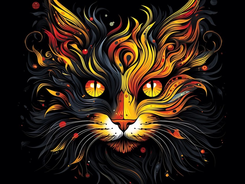 Colorful Cat Face Head Vivid Colors Pop Art Vector Illustrations Black Background (778)