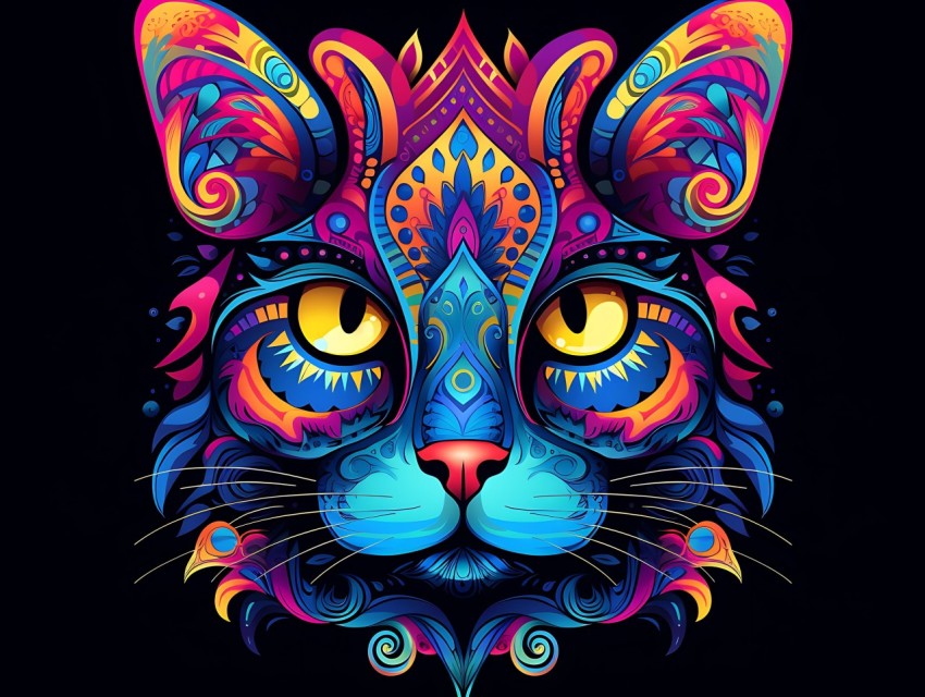 Colorful Cat Face Head Vivid Colors Pop Art Vector Illustrations Black Background (788)