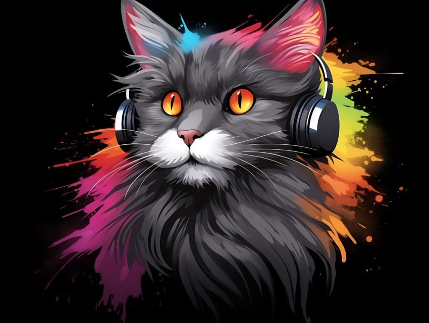 Colorful Cat Face Head Vivid Colors Pop Art Vector Illustrations Black Background (850)