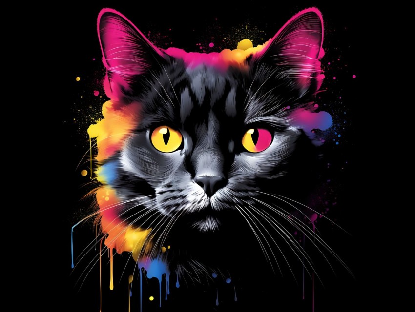 Colorful Cat Face Head Vivid Colors Pop Art Vector Illustrations Black Background (815)