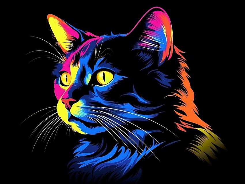 Colorful Cat Face Head Vivid Colors Pop Art Vector Illustrations Black Background (840)