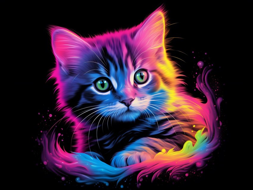 Colorful Cat Face Head Vivid Colors Pop Art Vector Illustrations Black Background (803)