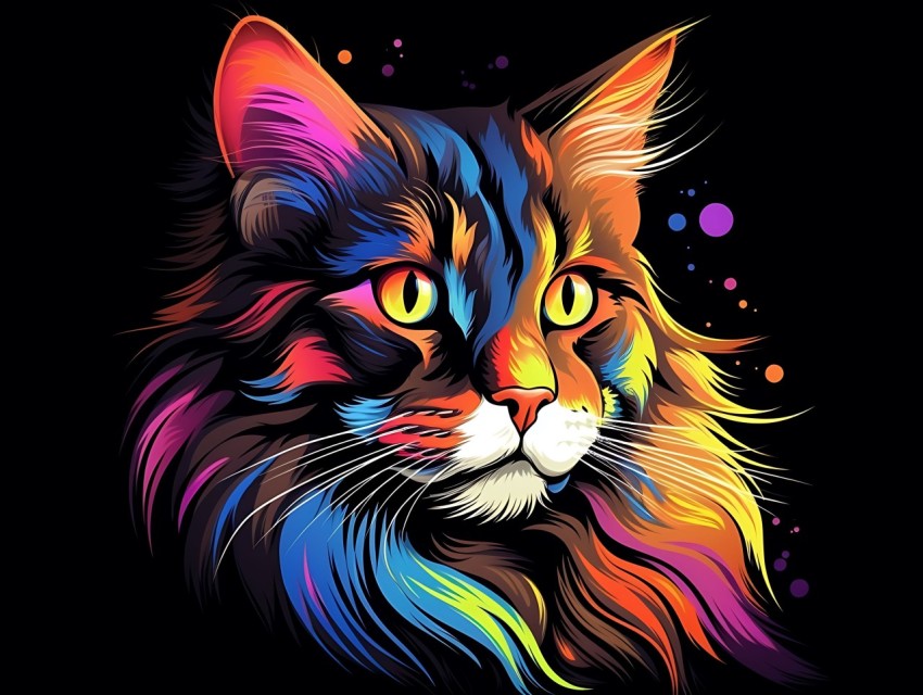 Colorful Cat Face Head Vivid Colors Pop Art Vector Illustrations Black Background (842)